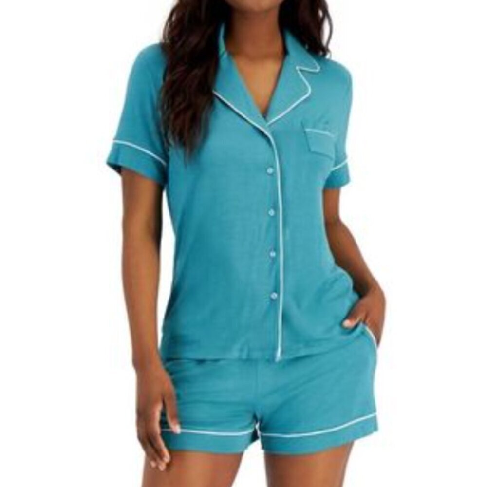 Alfani 2-piece Notch Collar Button Down Pajama Short Set - Teal Blue Green - Med - Picture 11 of 11